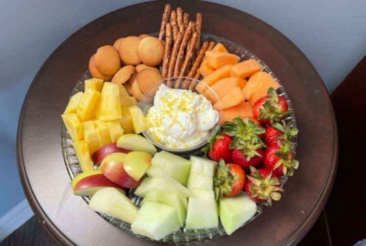 Fresh fruit, pretzels and waffers with a creamy lemon dip