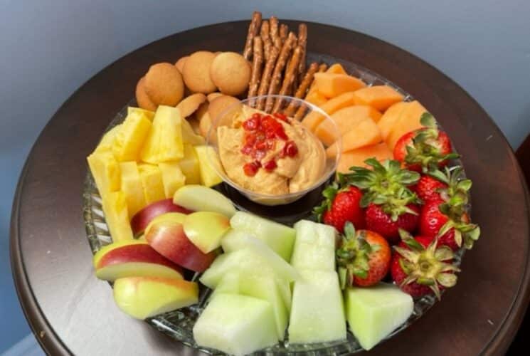 Fresh Fruit, pretzels and waffers with a hummus dip
