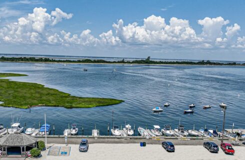 Aerial view of a marina full of small boats with calm water