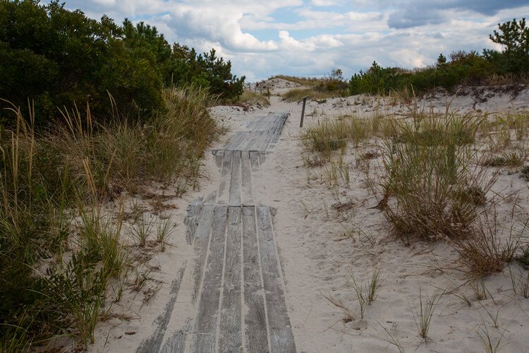 Paved trail through sandy, dune-like beach .. going toward horizon/blue sky and white clouds.
