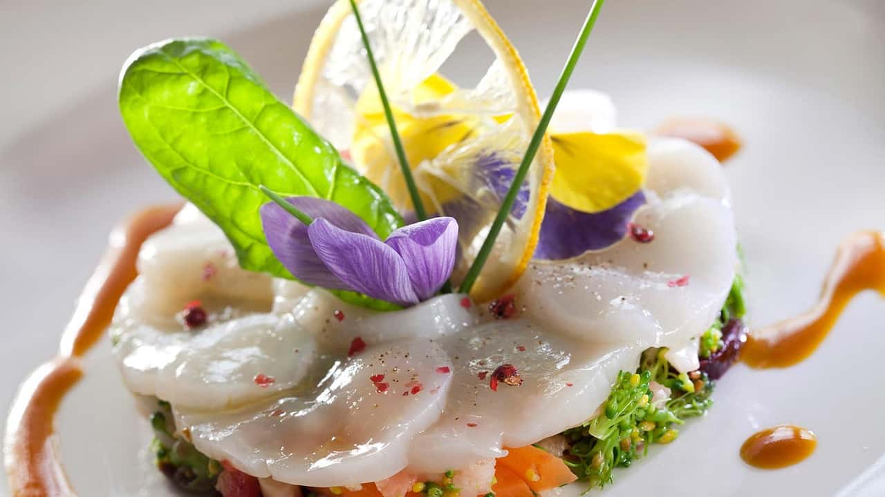 Beautiful gourmet seafood dish topped with flower petals, a leaf, lemon slice and chive sprigs