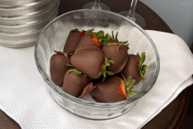 Chocolate Covered strawberries in a glass bowl
